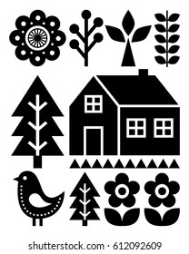 Finnish inspired folk art pattern - Scandinavian, Nordic style in black