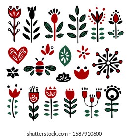 Finnish inspired long folk flowers set. Nordic, Scandinavian style bright elements for logos, design, stationary, fabric, web design