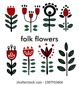 Finnish inspired long folk flowers set. Nordic, Scandinavian style bright elements for logos, design, stationary, fabric, web design