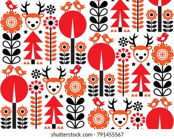 Finnish inspired seamless vector folk art pattern - Scandinavian, Nordic style with flowers and animals.


Repetitive floral wallpaper with birds, and reindeer, nature cute design in red, orange and b