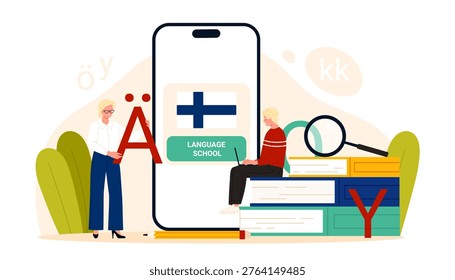 Finnish language school concept with teacher, student, smartphone app, books and Finnish flag, modern education and online course design isolated on white background vector illustration