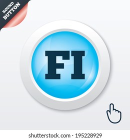 Finnish language sign icon. FI Finland translation symbol. Blue shiny button. Modern UI website button with hand cursor pointer. Vector