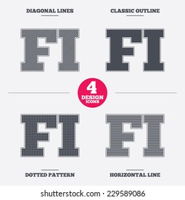 Finnish language sign icon. FI Finland translation symbol. Diagonal and horizontal lines, classic outline, dotted texture. Pattern design icons.  Vector
