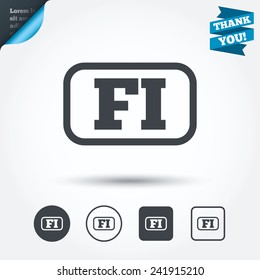 Finnish language sign icon. FI Finland translation symbol with frame. Circle and square buttons. Flat design set. Thank you ribbon. Vector