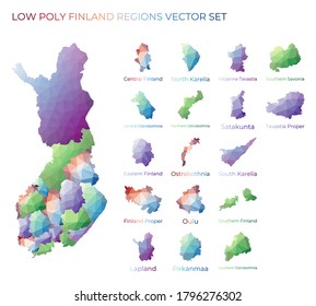 Finnish low poly regions. Polygonal map of Finland with regions. Geometric maps for your design. Elegant vector illustration.
