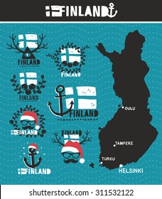 Finnish map and labels. Vector set of illustrations.