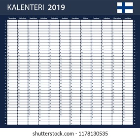 Finnish Planner blank for 2019. Scheduler, agenda or diary template. Week starts on Monday