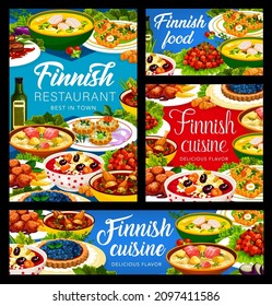 Finnish Restaurant Cuisine Meals And Food Dishes Of Finland, Vector Dinner And Lunch. Finnish Cuisine Meatballs With Salmon Fish Soup, Wickets With Potato, Venison Berry Marinade And Blueberry Pie