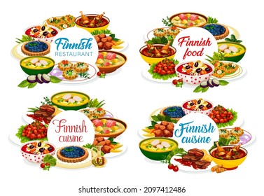 Finnish Restaurant Cuisine Menu Cover Design With Dishes And Meals Of Finland, Vector. Finnish Cuisine Menu Food With Meat Stew And Meatballs, Salmon Fish Soup And Blueberry Pie With Rice Porridge