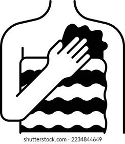 Finnish sauna concept, girl wearing towel and holding  bath puff vector icon design, beauty and personal care symbol, cosmetic dermatology sign, body aesthetics stock illustration 