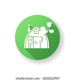 Finnish sauna green flat design long shadow glyph icon. Traditional bathhouse, russian banya. Finland national culture. Small house for taking steam baths silhouette RGB color illustration