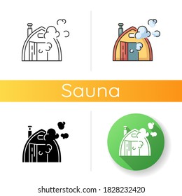 Finnish sauna icon. Linear black and RGB color styles. Traditional bathhouse, russian banya. Finland national culture. Small house for taking steam baths isolated vector illustrations