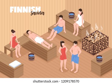 Finnish sauna with men and women on wooden benches and heater with stones  isometric vector illustration