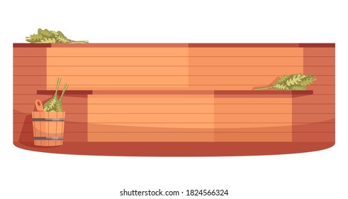 Finnish sauna semi flat RGB color vector illustration. Wood place for spa treatment. Russian banya. Resort for recreation. Wooden bathhouse stove isolated cartoon object on white background