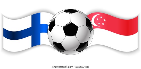 Finnish and Singaporean wavy flags with football ball. Finland combined with Singapore isolated on white. Football match or international sport competition concept.