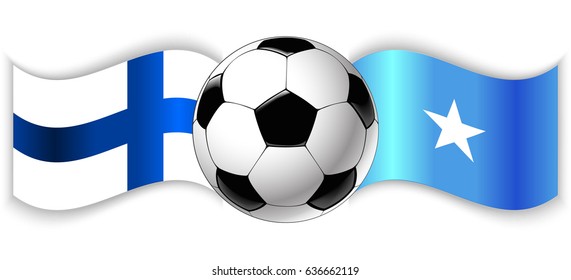 Finnish and Somali wavy flags with football ball. Finland combined with Somalia isolated on white. Football match or international sport competition concept.