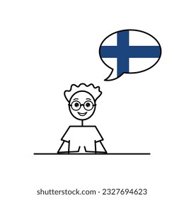 finnish speaking cartoon boy with speech bubble in flag of Finland colors, male character learning finnish language vector illustration, black line sketch