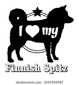 Finlandês Spitz cão silhueta, eu amo o meu cão, cão, raças de cães, logotipo, vetor, silhueta, animal, ilustração, ícone, sinal, preto, animal de estimação,