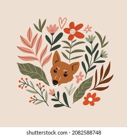 Finnish spitz in floral wreath. Stylish dog portrait. Cute dog and beautiful flowers card design, kids poster or print for t-shirt. 