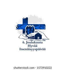 Texto en finés: 6 de diciembre, Feliz Día de la Independencia. Día de la Independencia de Finlandia con ilustraciones negras de los vectores de paisaje. Apropiado para tarjetas de felicitación, afiches y pancartas.