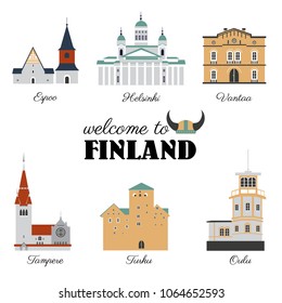 Finnish travel cartoon vector landmark, flat buildings, Lutheran Cathedral of Helsinki, Cathedral of Espoo, Vantaa City Museum, temple of Tampere, castles of Turku and Oulu, Finland, illustration