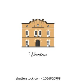 Finnish travel cartoon vector landmark, european colorful building, Vantaa City Museum, Finland, illustration isolated on white background, travel decorative scandinavian icon for design advertising