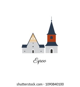 Finnish travel cartoon vector landmark, european colorful building, Cathedral of Espoo, Finland, illustration isolated on white background, travel decorative scandinavian icon for design advertising