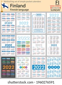 Finnish vertical Big set of pocket calendars for 2022 (two thousand twenty two). Week starts Sunday. New year. Color simple design. Vector
