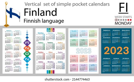 Finnish vertical pocket calendar for 2023 (two thousand twenty three). Week starts Monday. New year. Color simple design. Vector