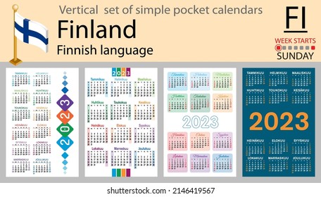 Finnish vertical pocket calendar for 2023 (two thousand twenty three). Week starts Sunday. New year. Color simple design. Vector