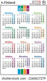 Finnish vertical pocket calendar for 2023 (two thousand twenty three). Week starts Monday. New year. Color simple design. Vector