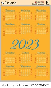 Finnish vertical pocket calendar for 2023 (two thousand twenty three). Week starts Sunday. New year. Color simple design. Vector