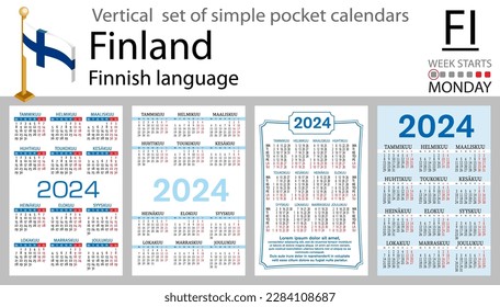 Finnish vertical set of pocket calendar for 2024 (two thousand twenty four). Week starts Monday. New year. Color simple design. Vector