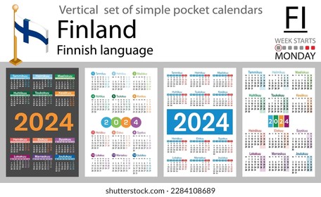 Finnish vertical set of pocket calendar for 2024 (two thousand twenty four). Week starts Monday. New year. Color simple design. Vector