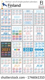 Finnish vertical set of pocket calendars for 2021 (two thousand twenty one). Week starts Monday. New year. Color simple design. Vector