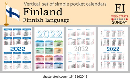 Finnish vertical set of pocket calendars for 2022 (two thousand twenty two). Week starts Sunday. New year. Color simple design. Vector
