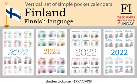 Finnish vertical set of pocket calendars for 2022 (two thousand twenty two). Week starts Sunday. New year. Color simple design. Vector