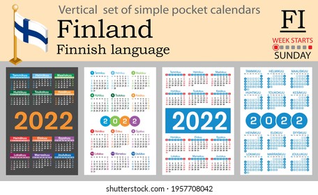 Finnish vertical set of pocket calendars for 2022 (two thousand twenty two). Week starts Sunday. New year. Color simple design. Vector