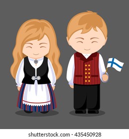 Finns in national dress with a flag. A man and a woman in traditional costume. Travel to Finland. People. Vector illustration.