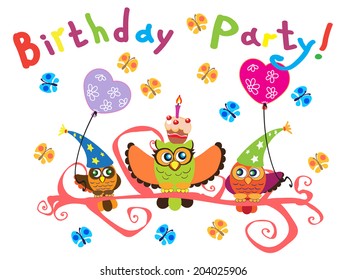 Finny cartoon illustration of owls in party hat have a birthday party with cake and balloons. Invitation text and butterflies flying around. On white background.