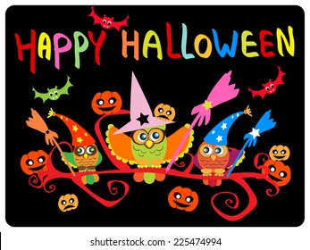 Finny Illustration of cute owls in witch hat have a Halloween party. Greeting text, pumpkin and bat flying. On black background. Vector art.As card, invitation,gift.