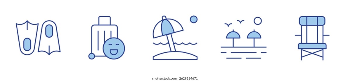 barbatanas, praia, viagem, cadeira de praia. Ilustração vetorial do Ícone de férias. Estilo Duotônico da Linha. Traçado editável.