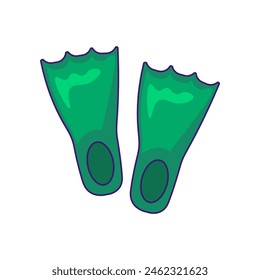 Fins for beginner scuba diver. Green rubber swimming fins for diving. Summer holiday icon. Simple stroke vector element isolated on white background