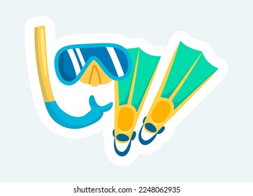 Aletas, gafas y tubo para bucear en el océano o en el mar. Vacaciones de verano. Ilustración vectorial en el diseño de pegatinas de dibujos animados