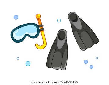 Fins and mask for swimming and breathing underwater. Diving accessories black color set. Vector illustration in cartoon childish style. Isolated funny clipart on white background. cute print.