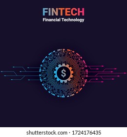 Fintech (abbreviation of Financial Technology) icon or logo concept. Design with crypto currency coin and blockchain technology graphic. Vector illustration