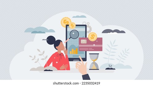 Aplicación de Fintech como software de tecnología financiera para el concepto de persona diminuta del teléfono. Aplicación inteligente, moderna y sencilla para la ilustración vectorial de la gestión de pagos de transacciones y uso de bancos de Internet por parte de clientes.