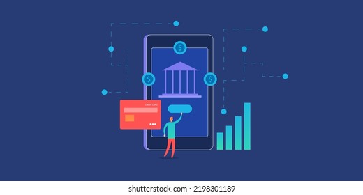 Fintech App For Managing Finances, People Using Fintech App For Tacking Expenses And Budget - Vector Illustration Background