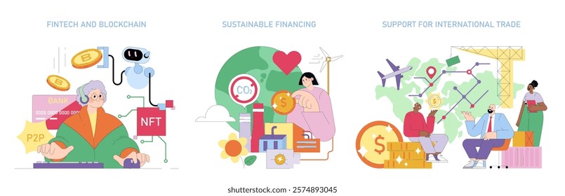 Fintech applications and blockchain technology for modern banking. Emphasis on sustainable financing initiatives and support for international trade. Vector illustration.