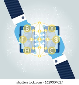 Fintech. In the background of circuit board, businessmen are doing financial transactions on smartphones. Mobile payment, Bitcoin, Block chain, P2P(peer to peer), Cryptocurrency, Crowd funding.  